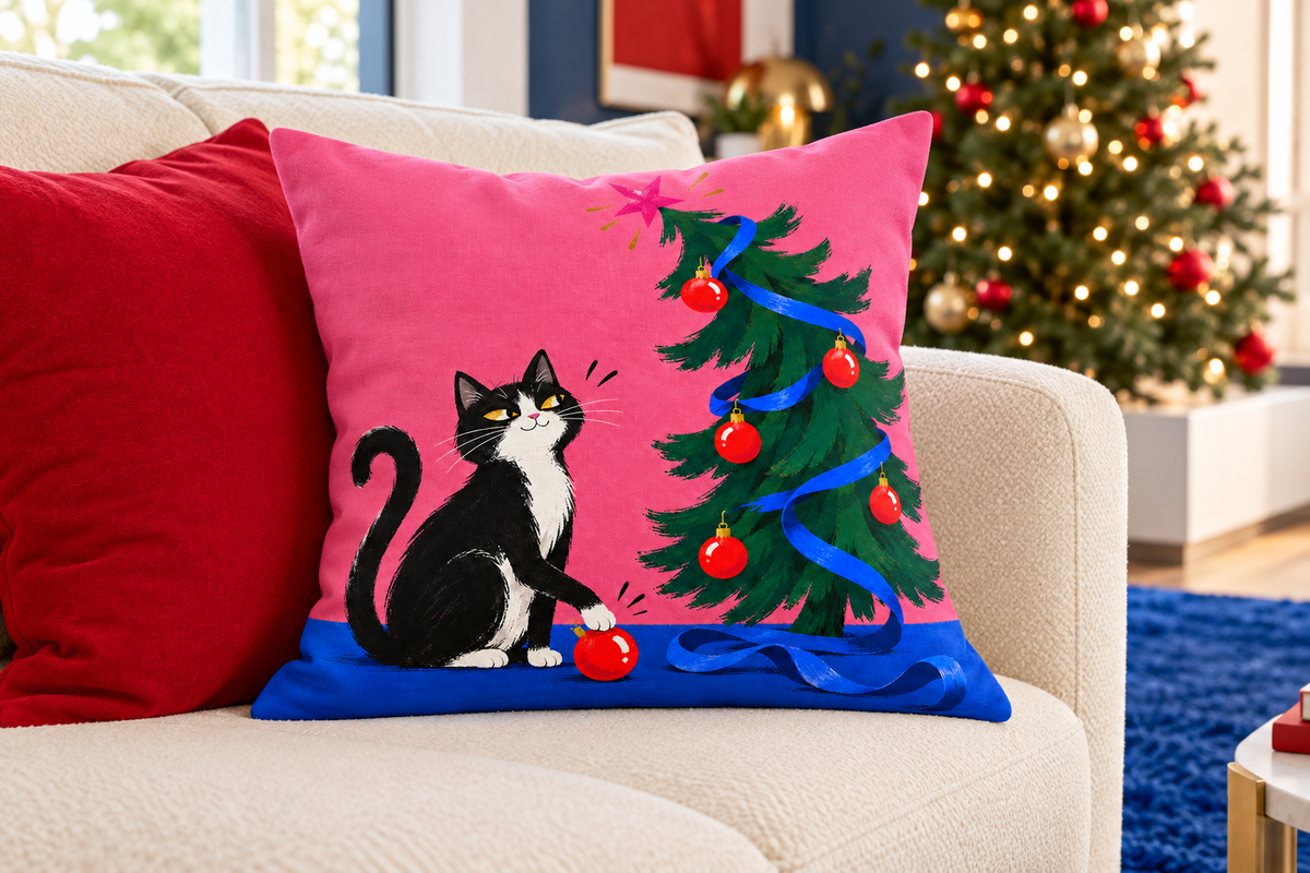 Christmas Cat & Tree Printed Pillow Cover pillow covers, lifestyle view 3: A close editorial view of the exact reference cat pillow on a cream sofa, next to a plain red cushion, cobalt blue area rug visible below.
