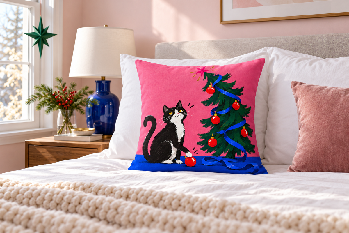Christmas Cat & Tree Printed Pillow Cover pillow covers, lifestyle view 4: A modern guest bedroom with pale pink walls, crisp white duvet and a cobalt-blue bedside lamp; the exact reference Christmas cat pillow centered on the bed in front of plain white pillows.