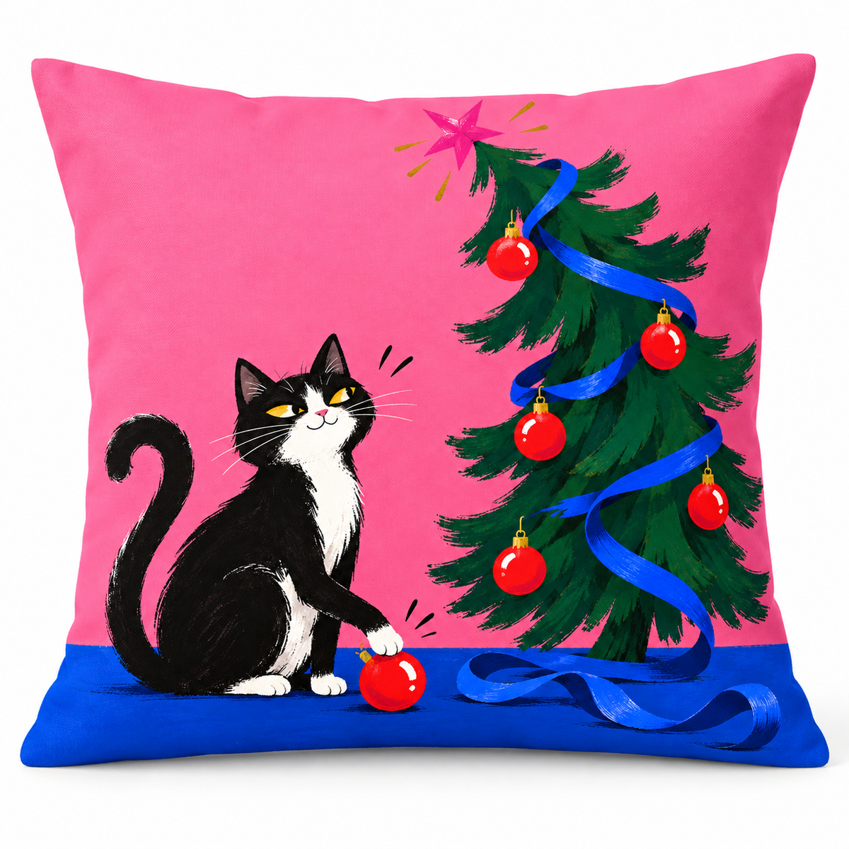 Christmas Cat & Tree Printed Pillow Cover pillow covers shown on a pure white studio background with the complete printed design.