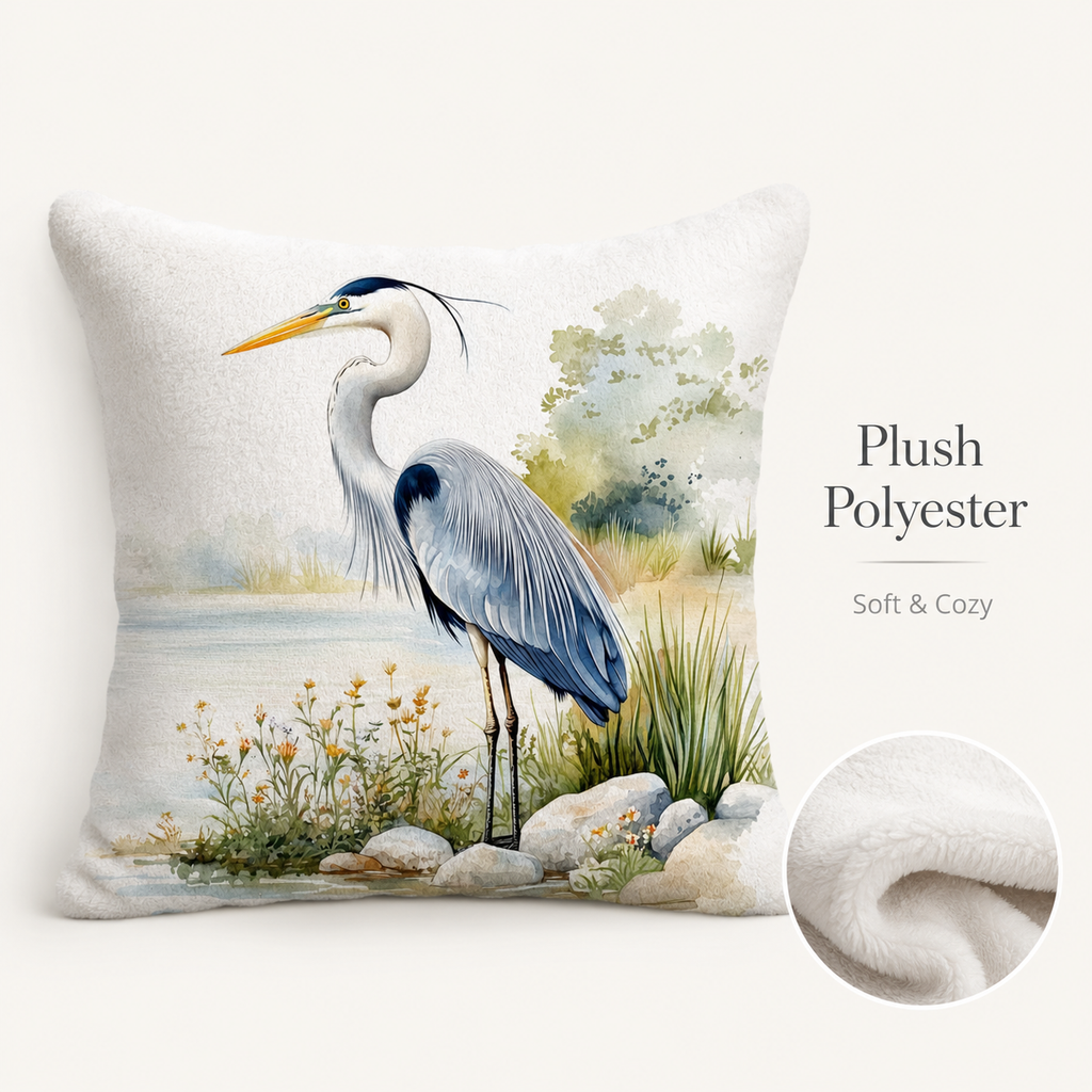 Plush heron pillow cover with cozy soft texture and delicate watercolor bird design.