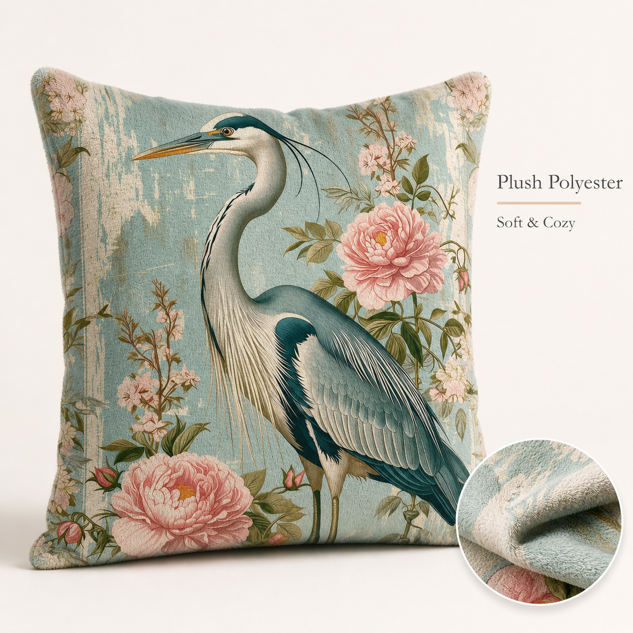 Plush polyester heron throw pillow cover with soft floral design