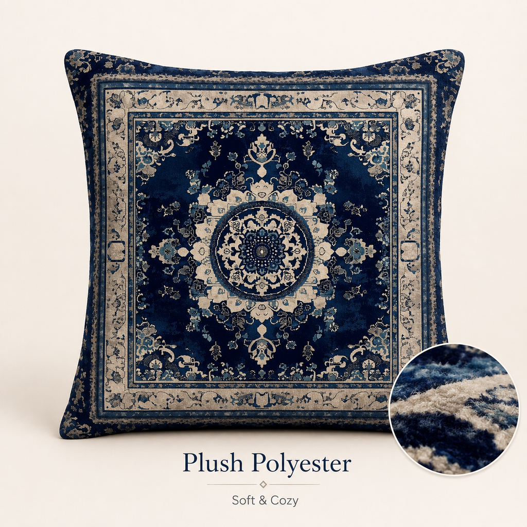 Plush medallion pillow cover with soft blue and ivory pattern details.