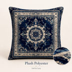 Plush medallion pillow cover with soft blue and ivory pattern details.