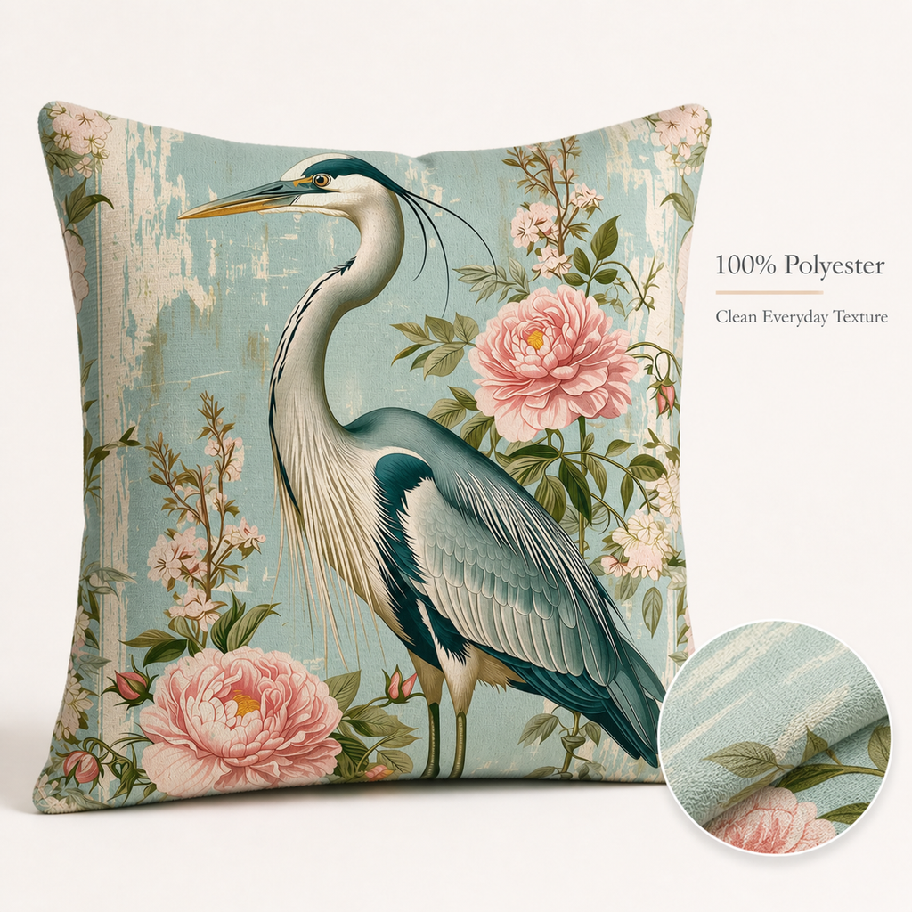 Polyester heron throw pillow cover with clean everyday fabric texture