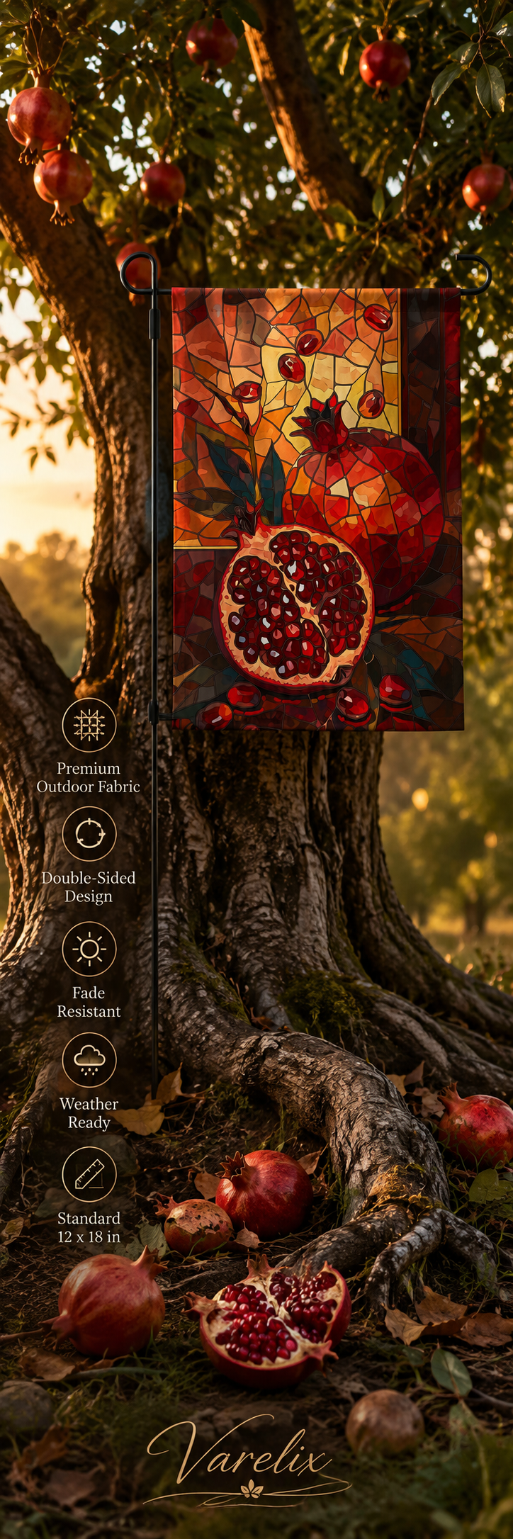 Pomegranate garden flag hanging beneath a fruit tree at golden hour with rich autumn lighting.