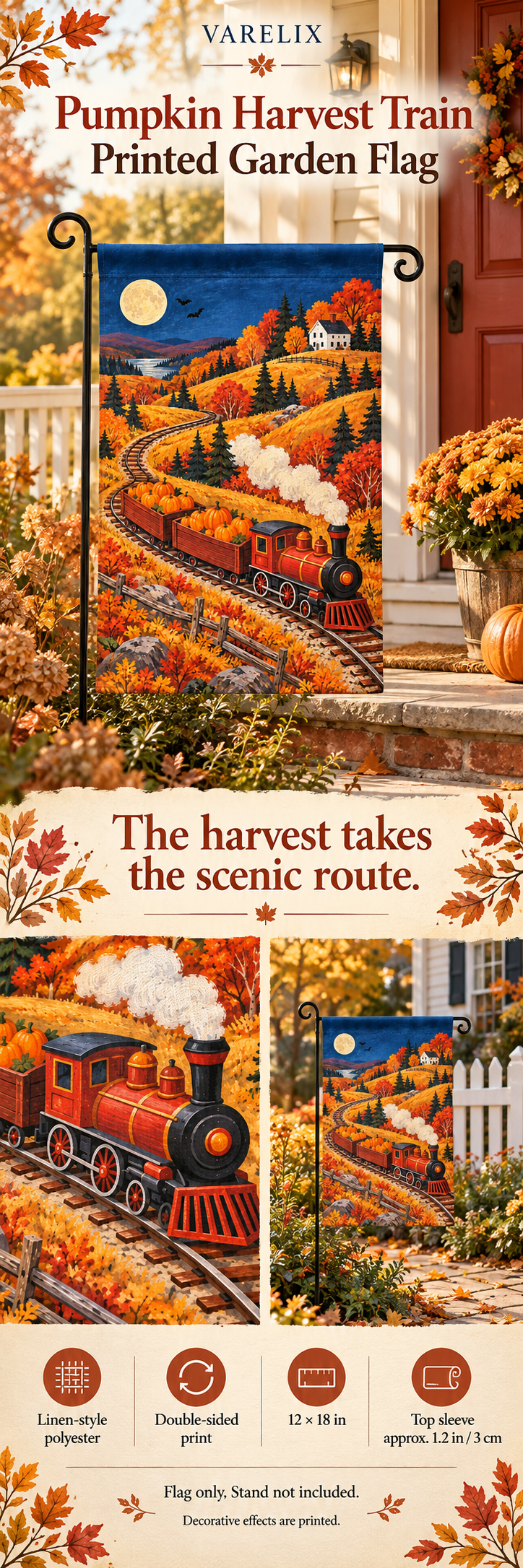Pumpkin Harvest Train Printed Garden Flag by VARELIX, A+ detail poster with verified material, sizes and included items.