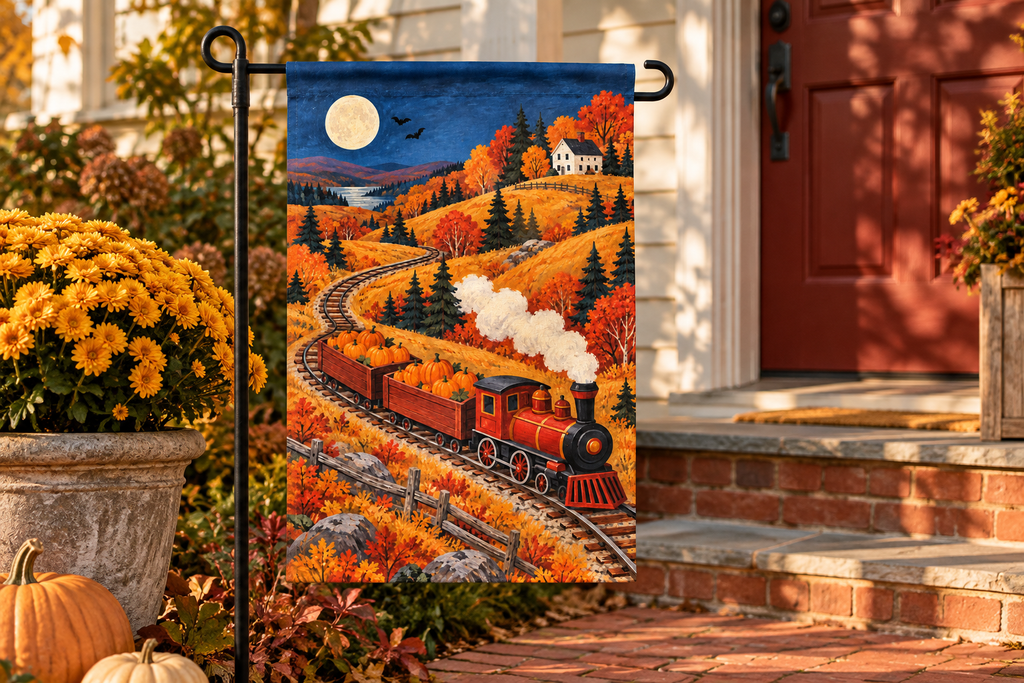 Pumpkin Harvest Train Printed Garden Flag, lifestyle view 1: One flag on a simple separate black L-shaped garden stake beside a front porch planter, all of the flag readable, late-afternoon natural light.
