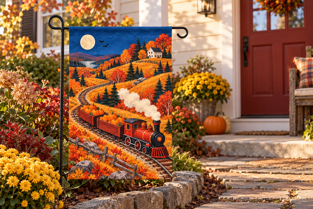 Pumpkin Harvest Train Printed Garden Flag, lifestyle view 2: One flag on a separate black garden stake along a short garden path, lower garden view with planting behind; no people, full rectangle visible.