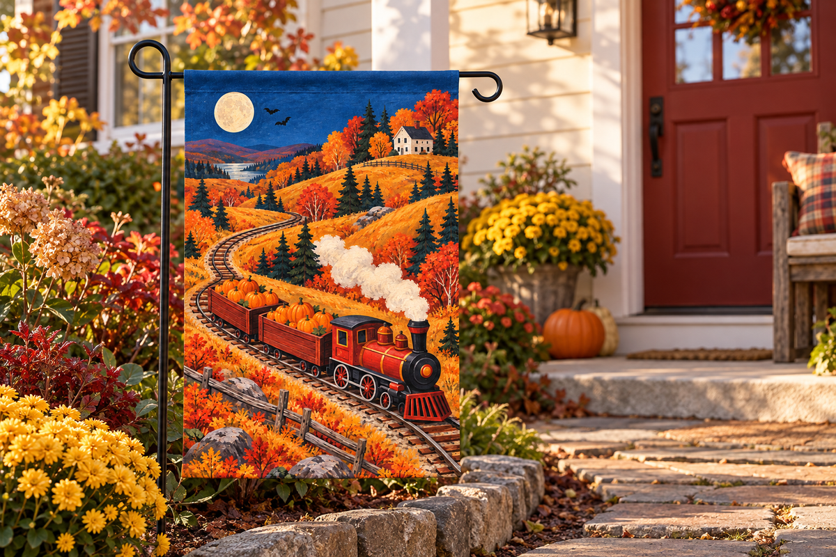 Pumpkin Harvest Train Printed Garden Flag, lifestyle view 2: One flag on a separate black garden stake along a short garden path, lower garden view with planting behind; no people, full rectangle visible.