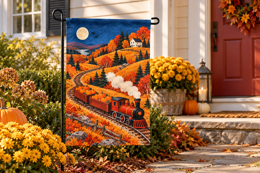 Pumpkin Harvest Train Printed Garden Flag, lifestyle view 4: One flag on its separate black garden stake in a mailbox garden with restrained October seasonal planting, wide but product-led welcoming suburban scene.