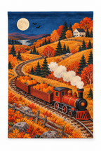 Pumpkin Harvest Train Printed Garden Flag on a white background, showing the complete printed design.