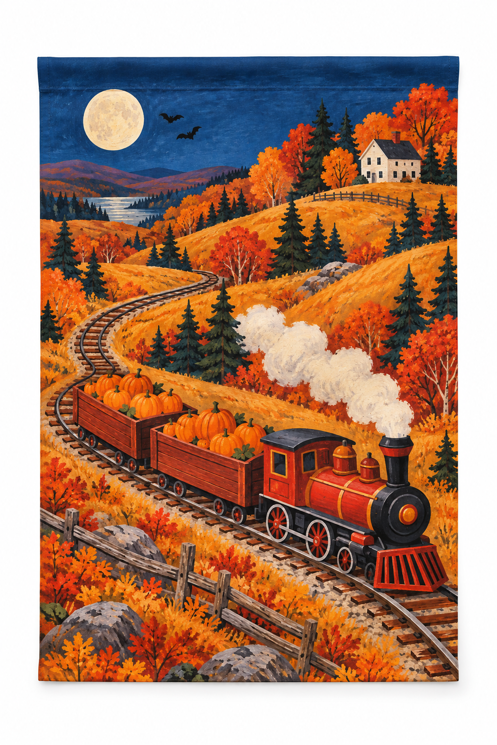Pumpkin Harvest Train Printed Garden Flag on a white background, showing the complete printed design.