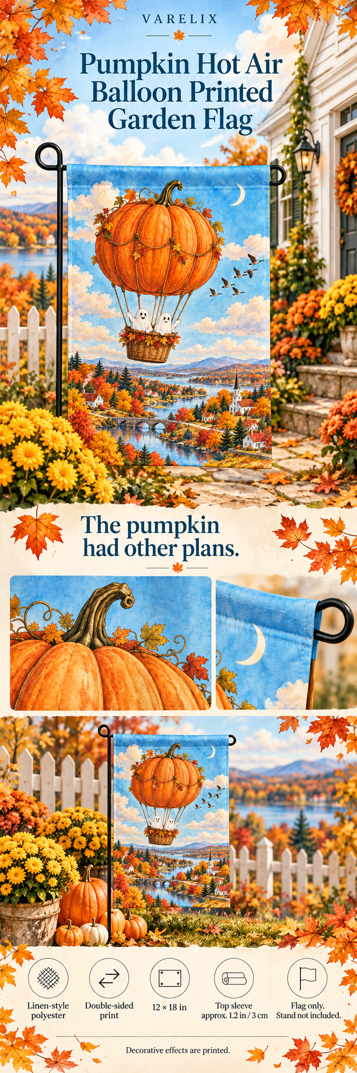 Pumpkin Hot Air Balloon Printed Garden Flag by VARELIX, A+ detail poster with verified material, sizes and included items.