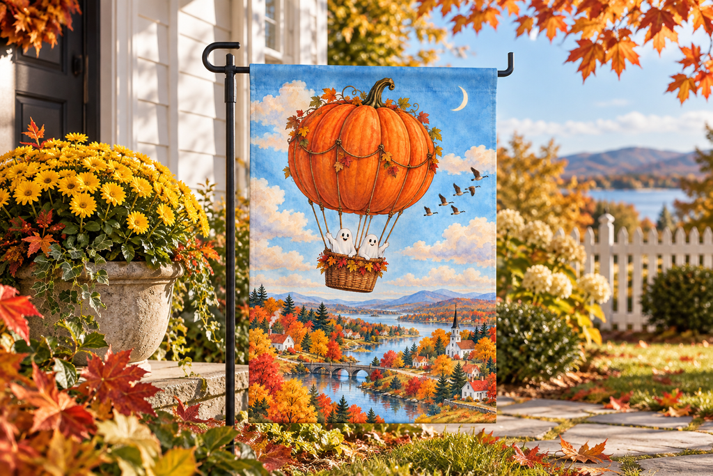 Pumpkin Hot Air Balloon Printed Garden Flag, lifestyle view 1: One flag on a simple separate black L-shaped garden stake beside a front porch planter, all of the flag readable, late-afternoon natural light.