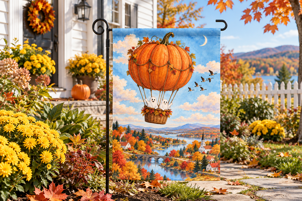 Pumpkin Hot Air Balloon Printed Garden Flag, lifestyle view 2: One flag on a separate black garden stake along a short garden path, lower garden view with planting behind; no people, full rectangle visible.