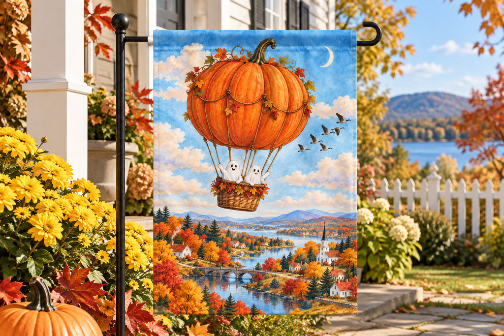 Pumpkin Hot Air Balloon Printed Garden Flag, lifestyle view 3: Closer view of the flag on its separate black L-shaped stake near a porch post, the real cloth top sleeve threading over the horizontal bar, print clearly readable.