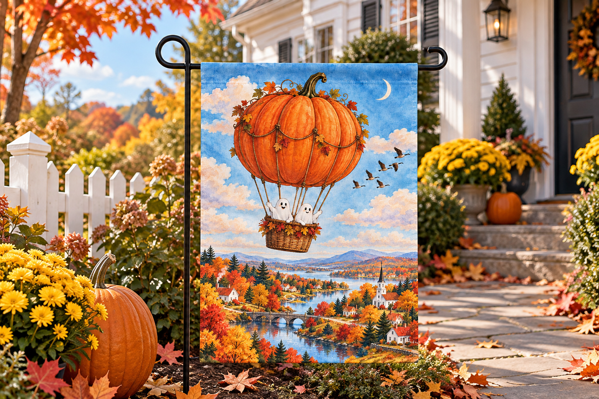 Pumpkin Hot Air Balloon Printed Garden Flag, lifestyle view 4: One flag on its separate black garden stake in a mailbox garden with restrained October seasonal planting, wide but product-led welcoming suburban scene.