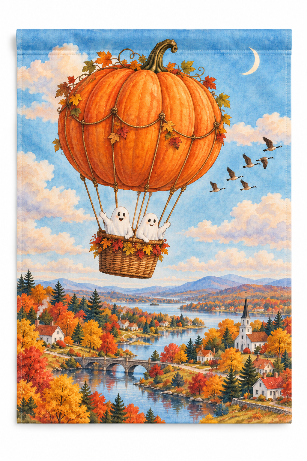 Pumpkin Hot Air Balloon Printed Garden Flag on a white background, showing the complete printed design.