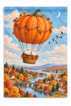 Pumpkin Hot Air Balloon Printed Garden Flag on a white background, showing the complete printed design.