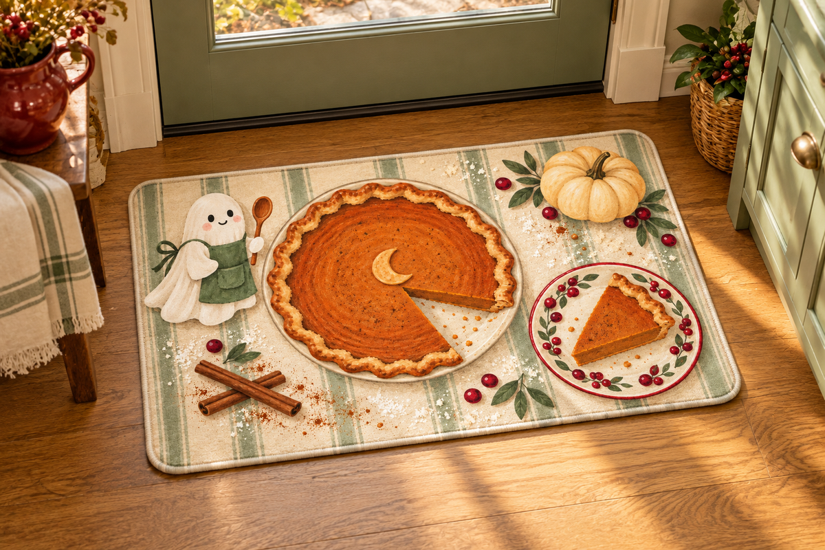 Pumpkin Pie Ghost Baker Printed Floor Mat, lifestyle view 1: One mat laid flat INSIDE the front door, full landscape mat and all four rounded corners visible at small accent-mat scale, angled downward photography.