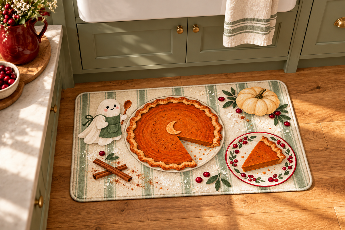 Pumpkin Pie Ghost Baker Printed Floor Mat, lifestyle view 2: One mat on the kitchen floor in front of a sink or coffee station, full printed surface readable, no furniture hiding the design.