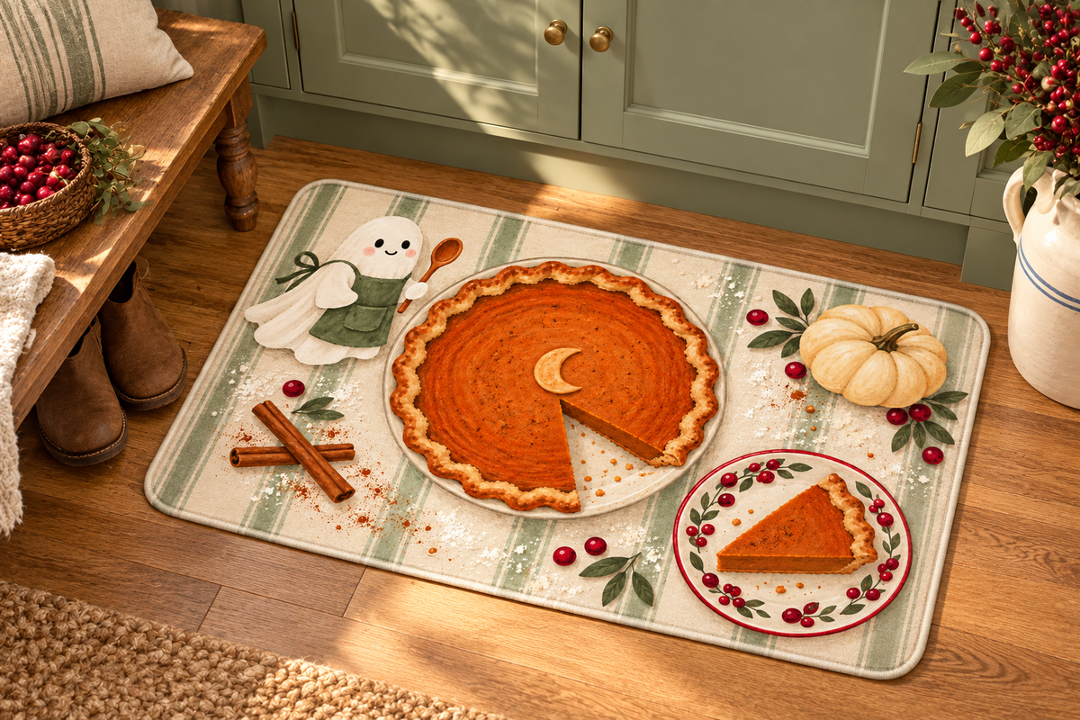 Pumpkin Pie Ghost Baker Printed Floor Mat, lifestyle view 3: One mat in a tidy indoor mudroom beside a small bench, photographed slightly above with realistic 16 by 24 inch scale.