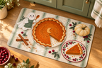 Pumpkin Pie Ghost Baker Printed Floor Mat, lifestyle view 4: Close overhead-oblique view of one mat on a clean pale-wood floor near a cabinet, all four corners in frame, soft side light reveals short flannel nap.