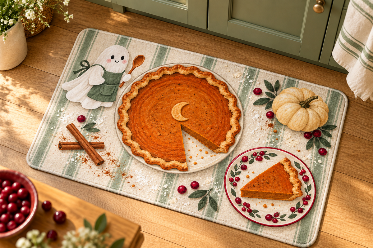 Pumpkin Pie Ghost Baker Printed Floor Mat, lifestyle view 4: Close overhead-oblique view of one mat on a clean pale-wood floor near a cabinet, all four corners in frame, soft side light reveals short flannel nap.