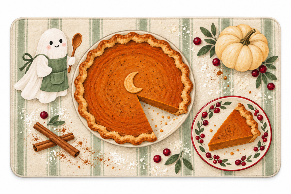 Pumpkin Pie Ghost Baker Printed Floor Mat on a white background, showing the complete printed design.