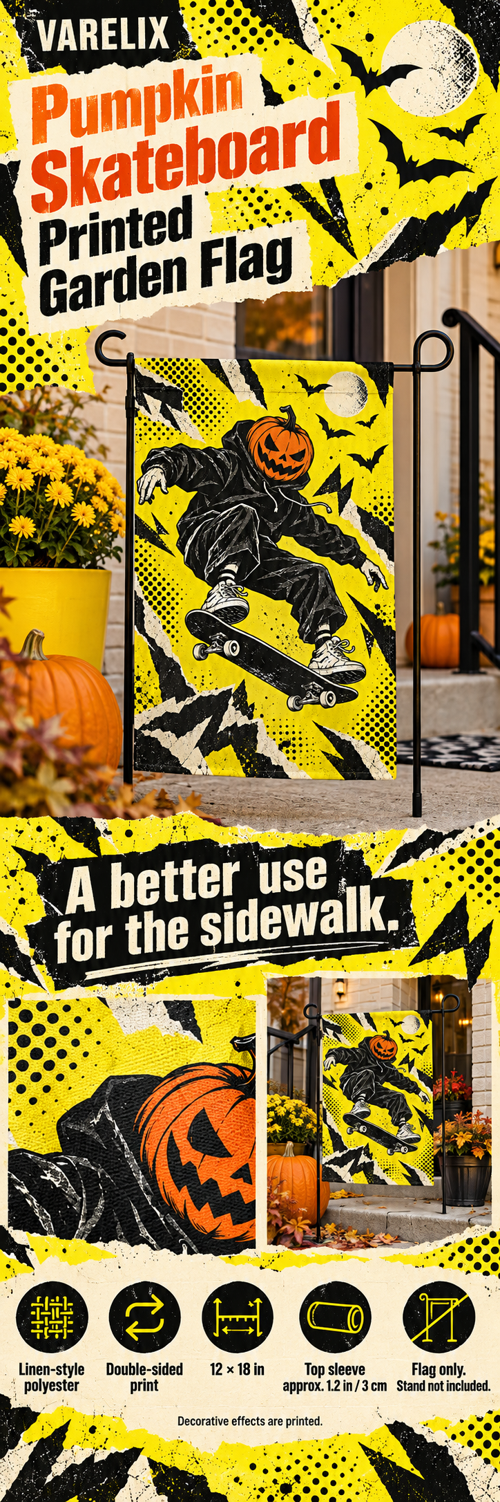 Pumpkin Skateboard Printed Garden Flag by VARELIX, A+ detail poster with verified material, sizes and included items.