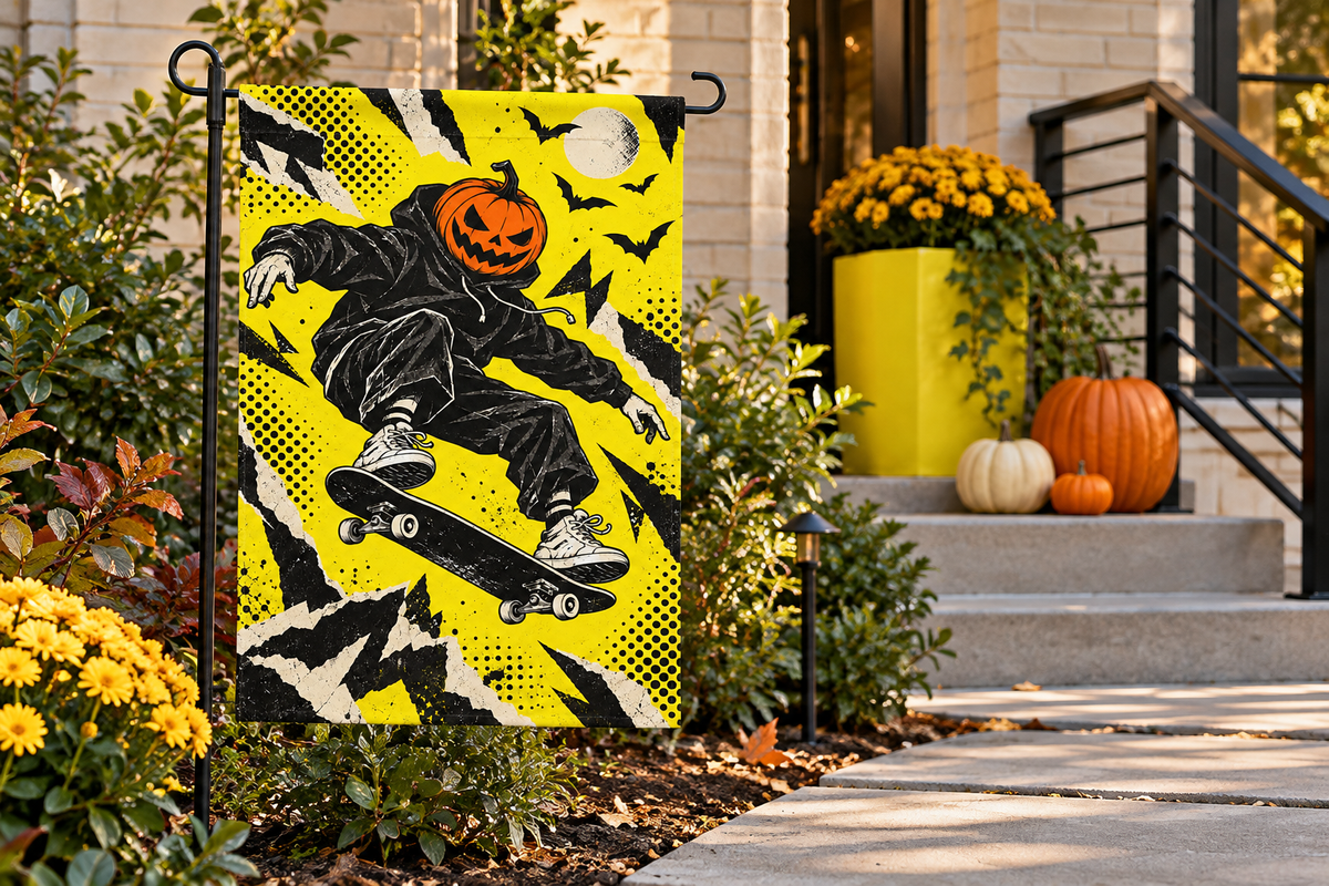 Pumpkin Skateboard Printed Garden Flag, lifestyle view 2: One flag on a separate black garden stake along a short garden path, lower garden view with planting behind; no people, full rectangle visible.