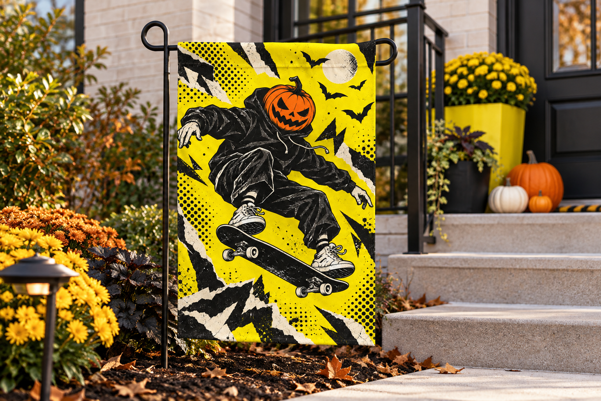 Pumpkin Skateboard Printed Garden Flag, lifestyle view 4: One flag on its separate black garden stake in a mailbox garden with restrained October seasonal planting, wide but product-led welcoming suburban scene.