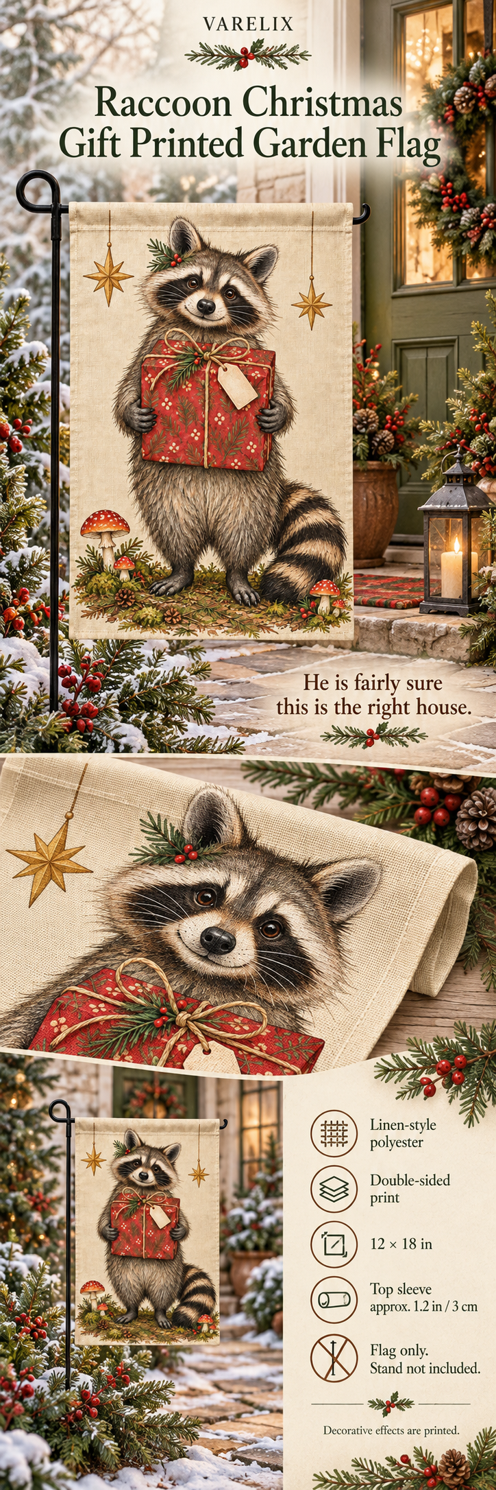 Raccoon Christmas Gift Printed Garden Flag by VARELIX, A+ detail poster with verified material, sizes and included items.
