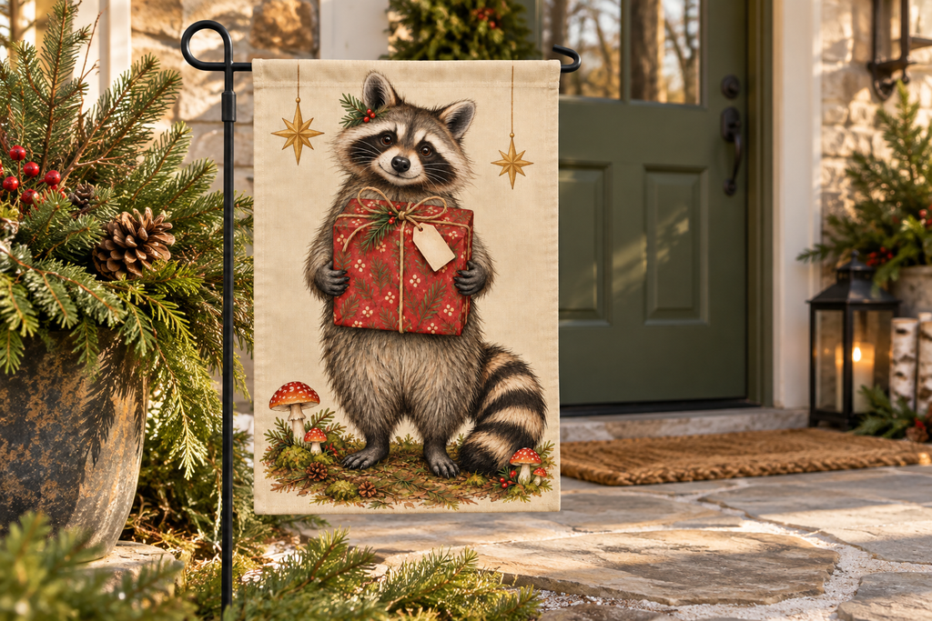 Raccoon Christmas Gift Printed Garden Flag, lifestyle view 1: One flag on a simple separate black L-shaped garden stake beside a front porch planter, all of the flag readable, late-afternoon natural light.