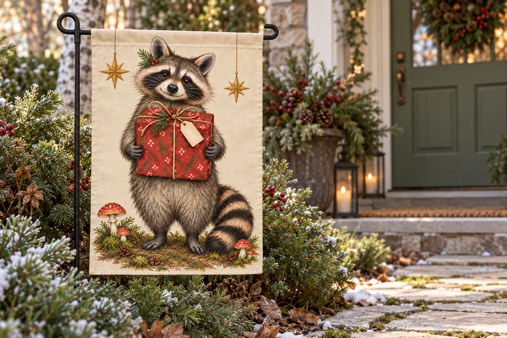 Raccoon Christmas Gift Printed Garden Flag, lifestyle view 2: One flag on a separate black garden stake along a short garden path, lower garden view with planting behind; no people, full rectangle visible.