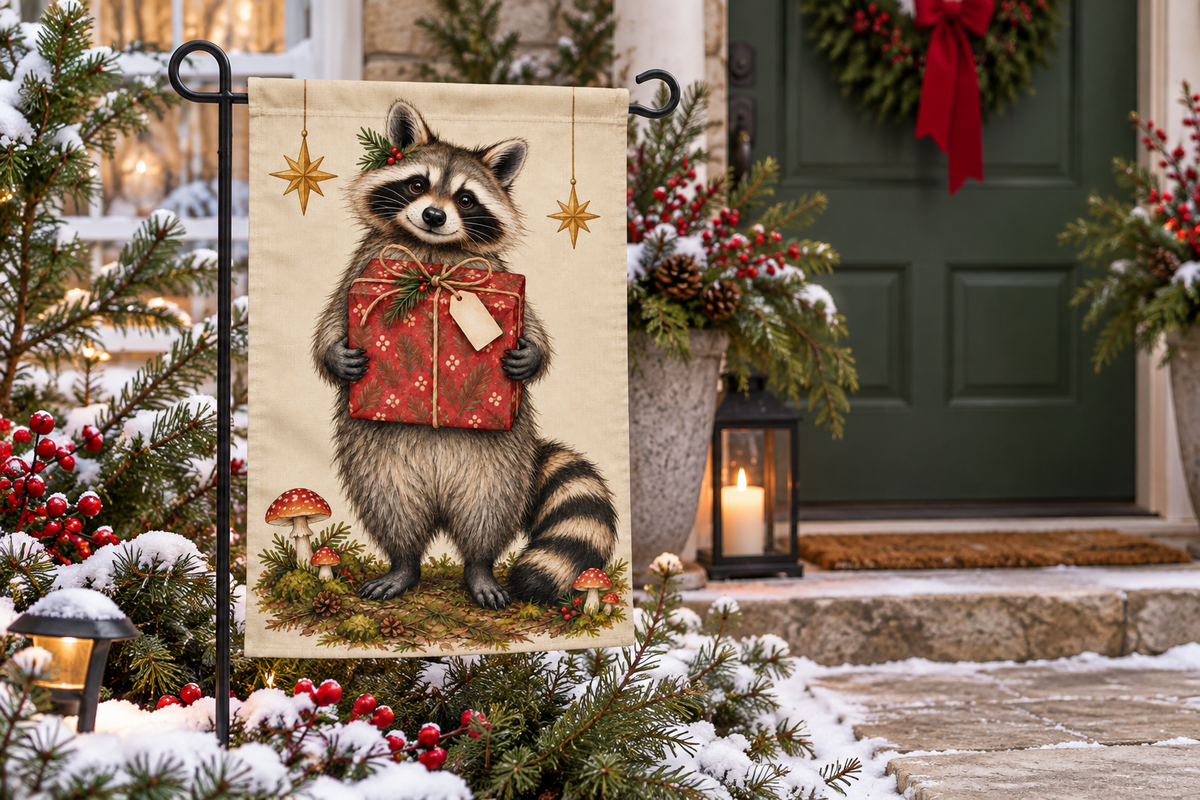 Raccoon Christmas Gift Printed Garden Flag, lifestyle view 4: One flag on its separate black garden stake in a mailbox garden with restrained October seasonal planting, wide but product-led welcoming suburban scene.