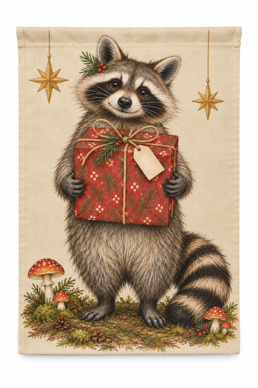 Raccoon Christmas Gift Printed Garden Flag on a white background, showing the complete printed design.