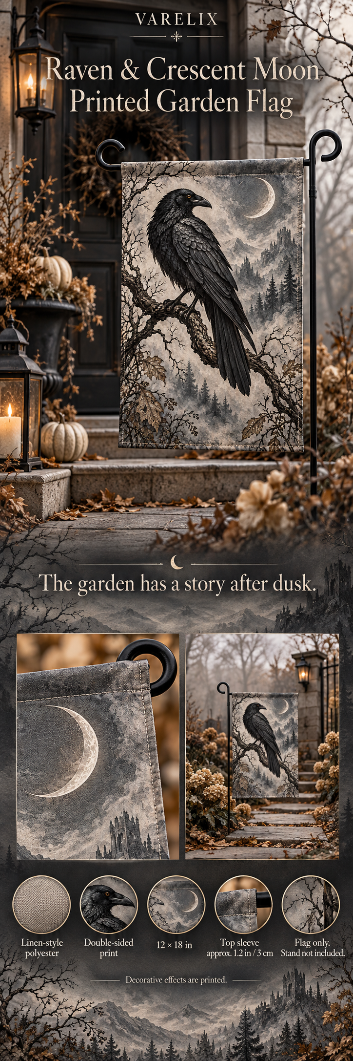 Raven & Crescent Moon Printed Garden Flag by VARELIX, A+ detail poster with verified material, sizes and included items.