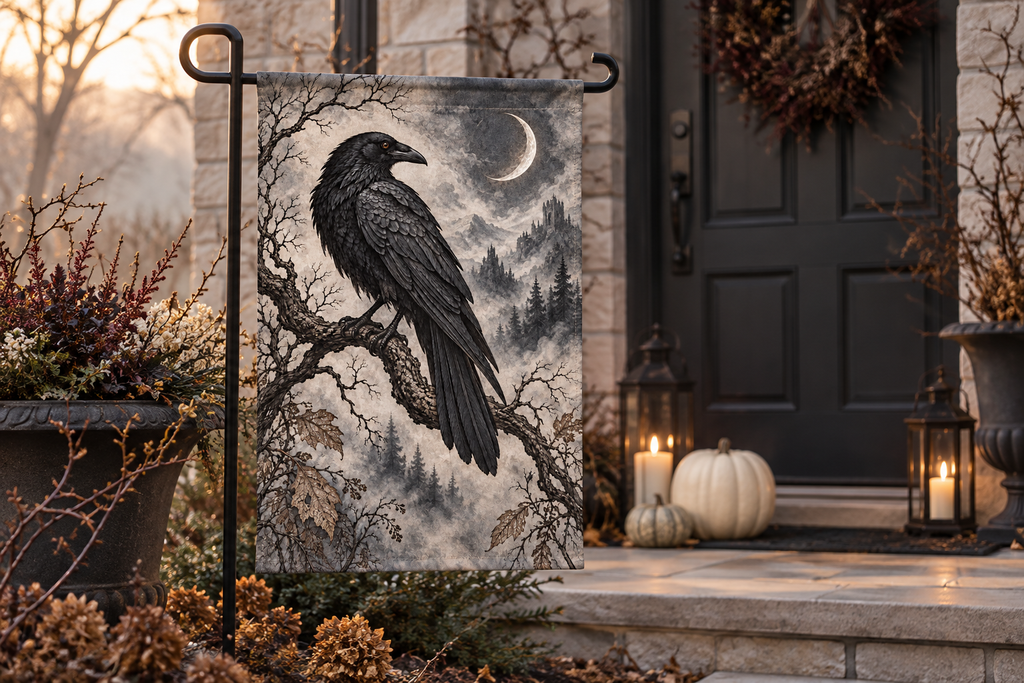 Raven & Crescent Moon Printed Garden Flag, lifestyle view 1: One flag on a simple separate black L-shaped garden stake beside a front porch planter, all of the flag readable, late-afternoon natural light.