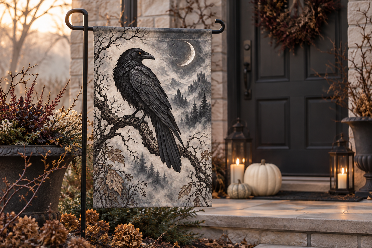 Raven & Crescent Moon Printed Garden Flag, lifestyle view 1: One flag on a simple separate black L-shaped garden stake beside a front porch planter, all of the flag readable, late-afternoon natural light.