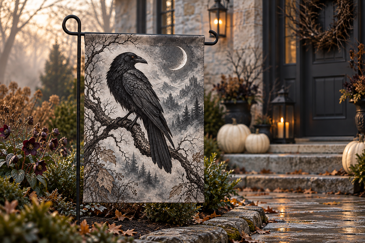 Raven & Crescent Moon Printed Garden Flag, lifestyle view 2: One flag on a separate black garden stake along a short garden path, lower garden view with planting behind; no people, full rectangle visible.