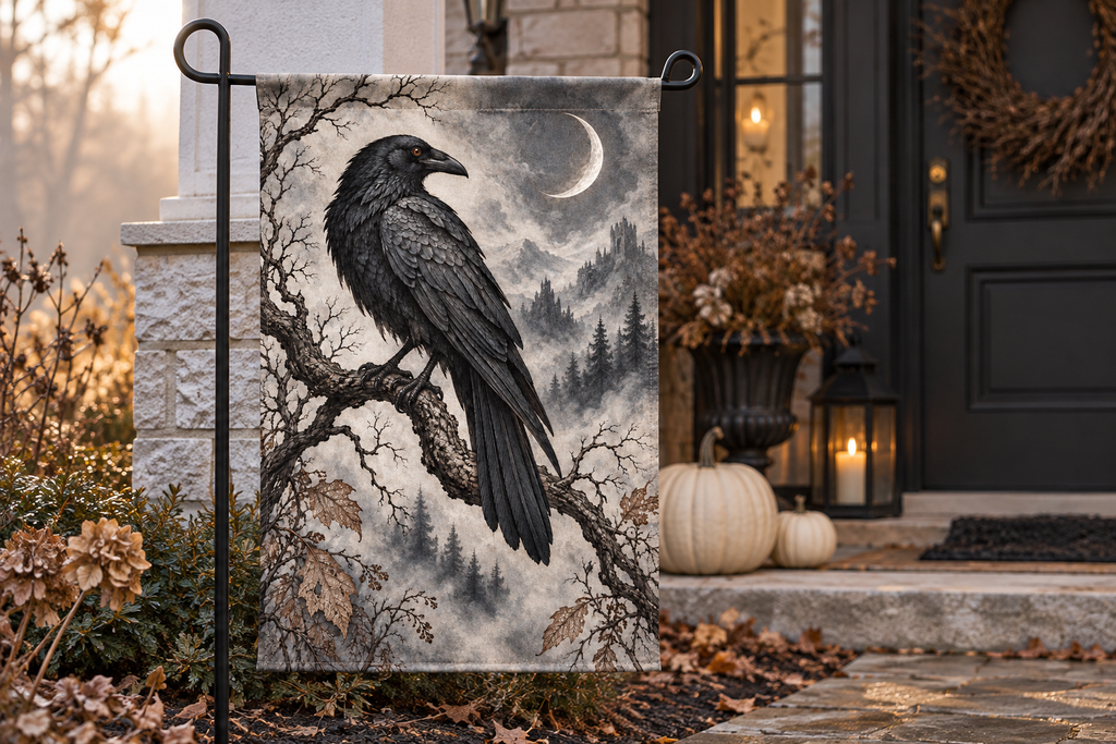 Raven & Crescent Moon Printed Garden Flag, lifestyle view 3: Closer view of the flag on its separate black L-shaped stake near a porch post, the real cloth top sleeve threading over the horizontal bar, print clearly readable.