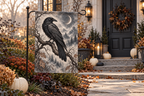Raven & Crescent Moon Printed Garden Flag, lifestyle view 4: One flag on its separate black garden stake in a mailbox garden with restrained October seasonal planting, wide but product-led welcoming suburban scene.