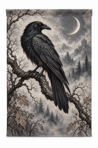 Raven & Crescent Moon Printed Garden Flag on a white background, showing the complete printed design.