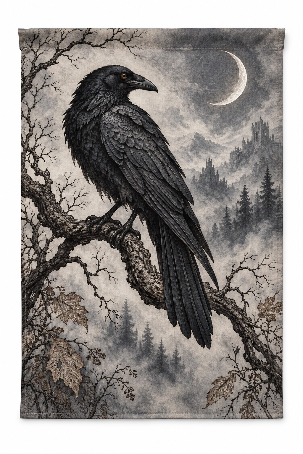 Raven & Crescent Moon Printed Garden Flag on a white background, showing the complete printed design.