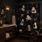 Whimsical reading ghosts shower curtain hanging in a moody, dark vintage bathroom with candle light.
