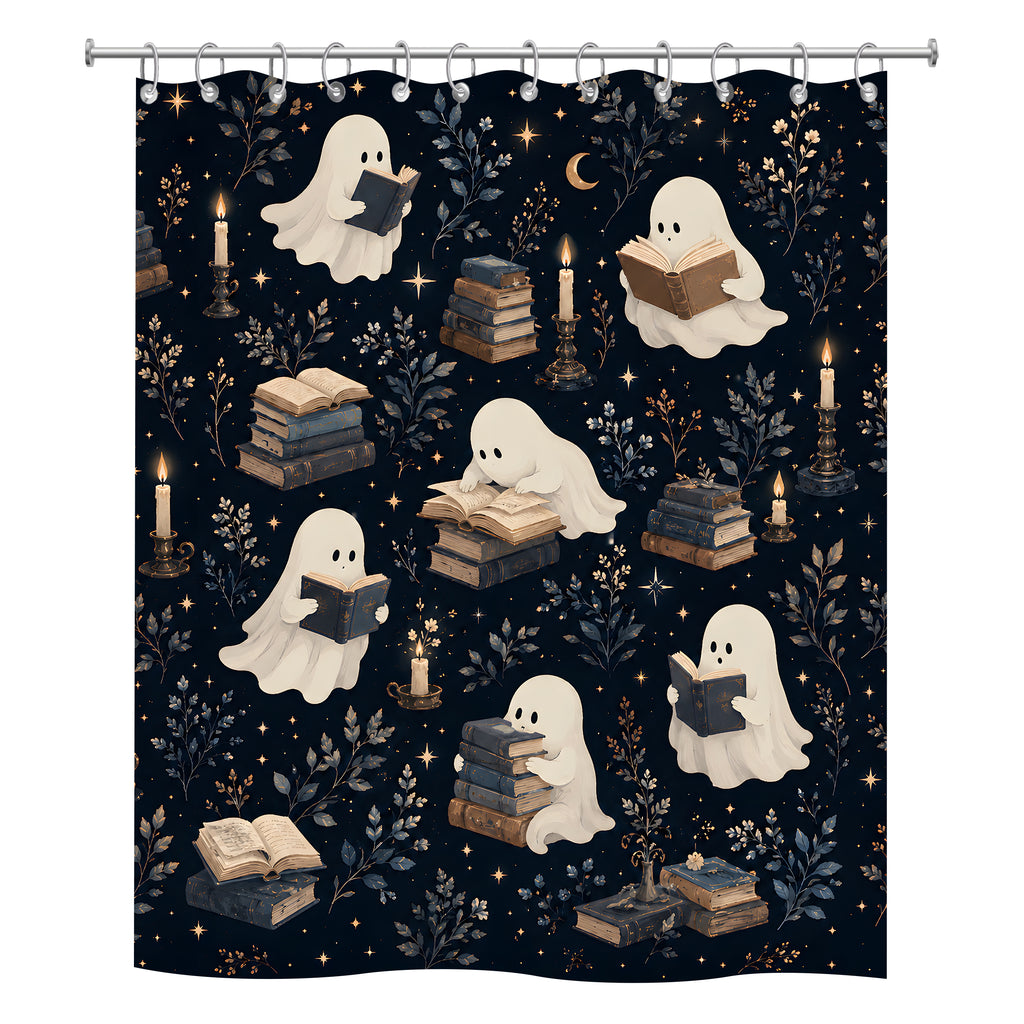 Playful pattern shower curtain design featuring cute white ghosts reading books among candles and stars on a dark navy background.