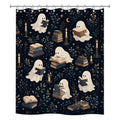 Playful pattern shower curtain design featuring cute white ghosts reading books among candles and stars on a dark navy background.