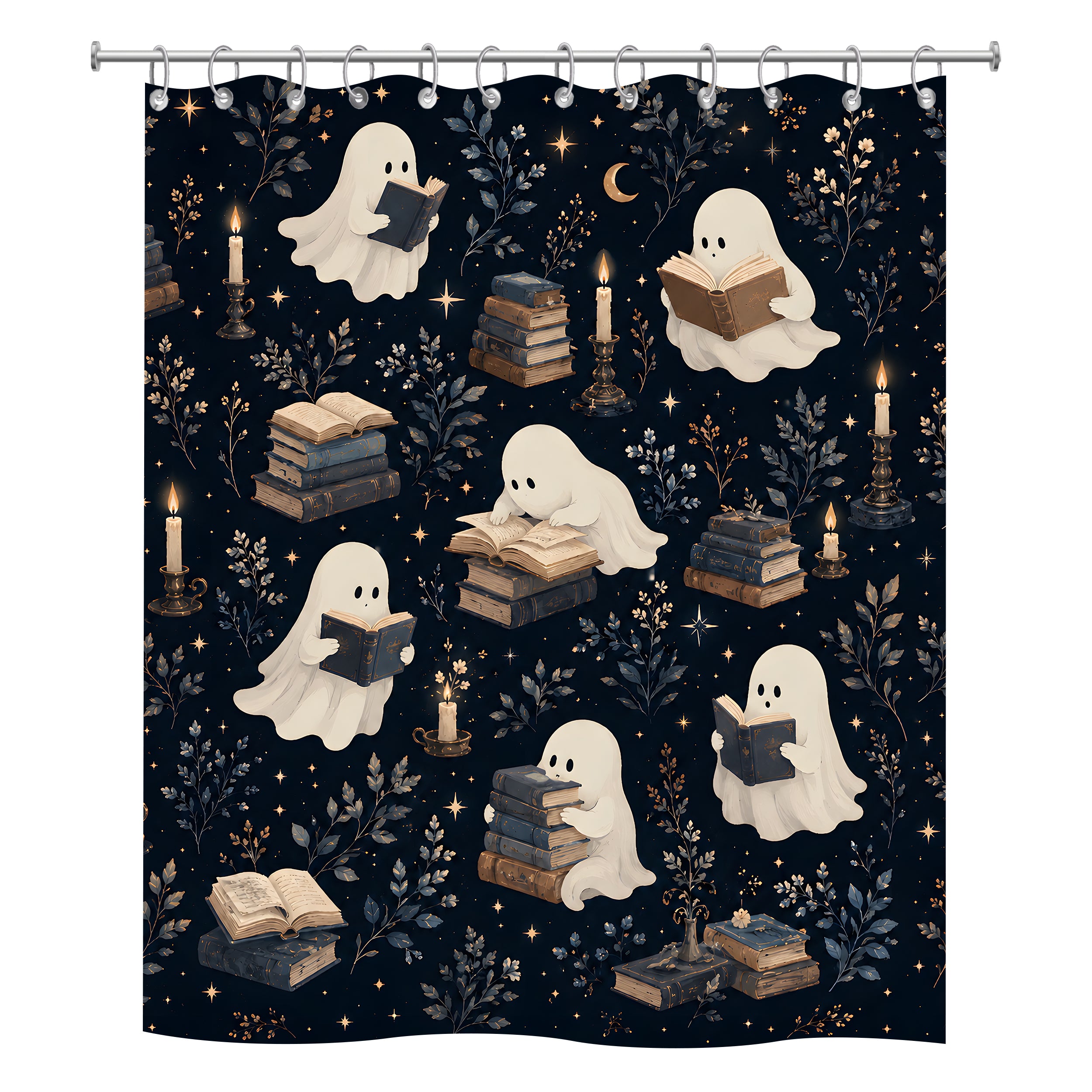 Playful pattern shower curtain design featuring cute white ghosts reading books among candles and stars on a dark navy background.
