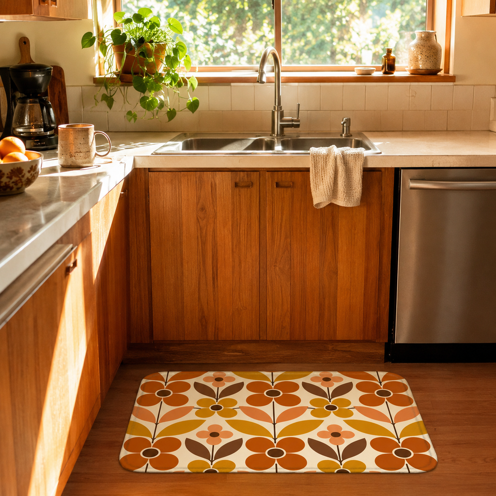 A retro 1970s style floral kitchen mat placed on a wooden floor in front of a warm wood cabinet and stainless steel sink under a window.